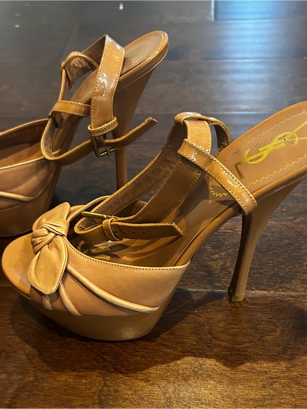 YSL SAINT LAURENT "POPPY" 105 BOW MARY JANE PLATFORM LEATHER DARK NUDE SANDALS - Picture 4 of 4